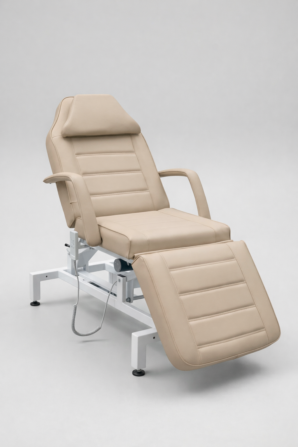 Professional clinic beauty bed in latte vinyl designed for injectables, facials, waxing and laser treatments