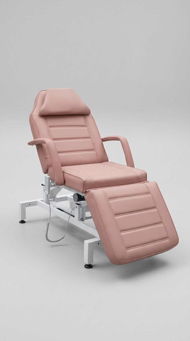 Adjustable aesthetic treatment bed in pink upholstery designed for facials, injectables, waxing and skin treatments