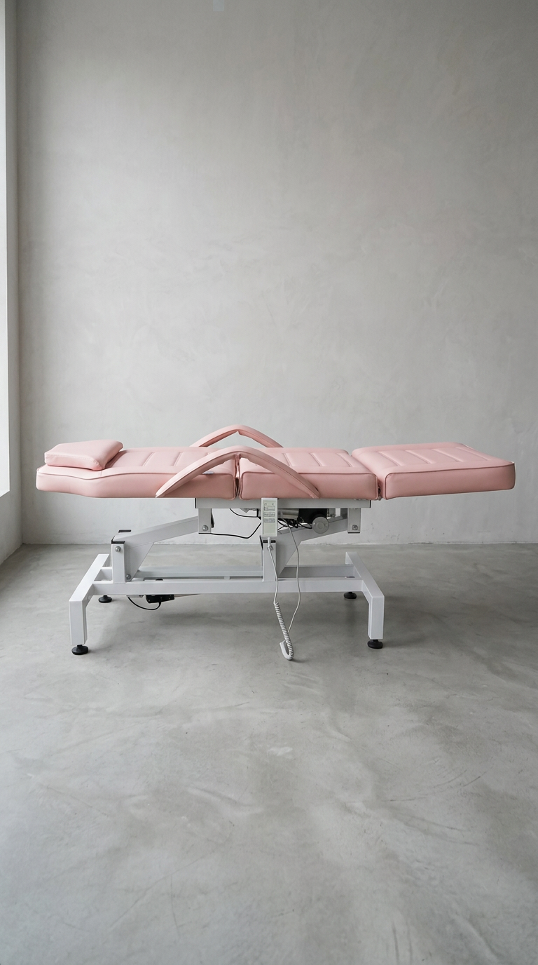 Professional beauty clinic chair bed with padded pink vinyl, electric controls and full-body adjustability