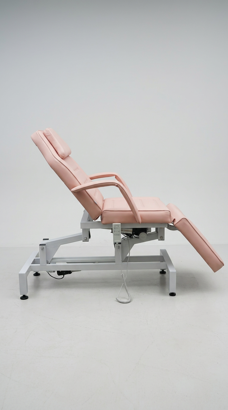 Versatile salon and clinic treatment bed in blush pink with reclining sections for comfort across multiple procedures