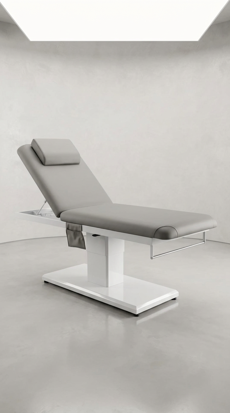 Electric clinic bed with smooth grey vinyl cushioning, ergonomic design for medical, aesthetic and wellness treatments
