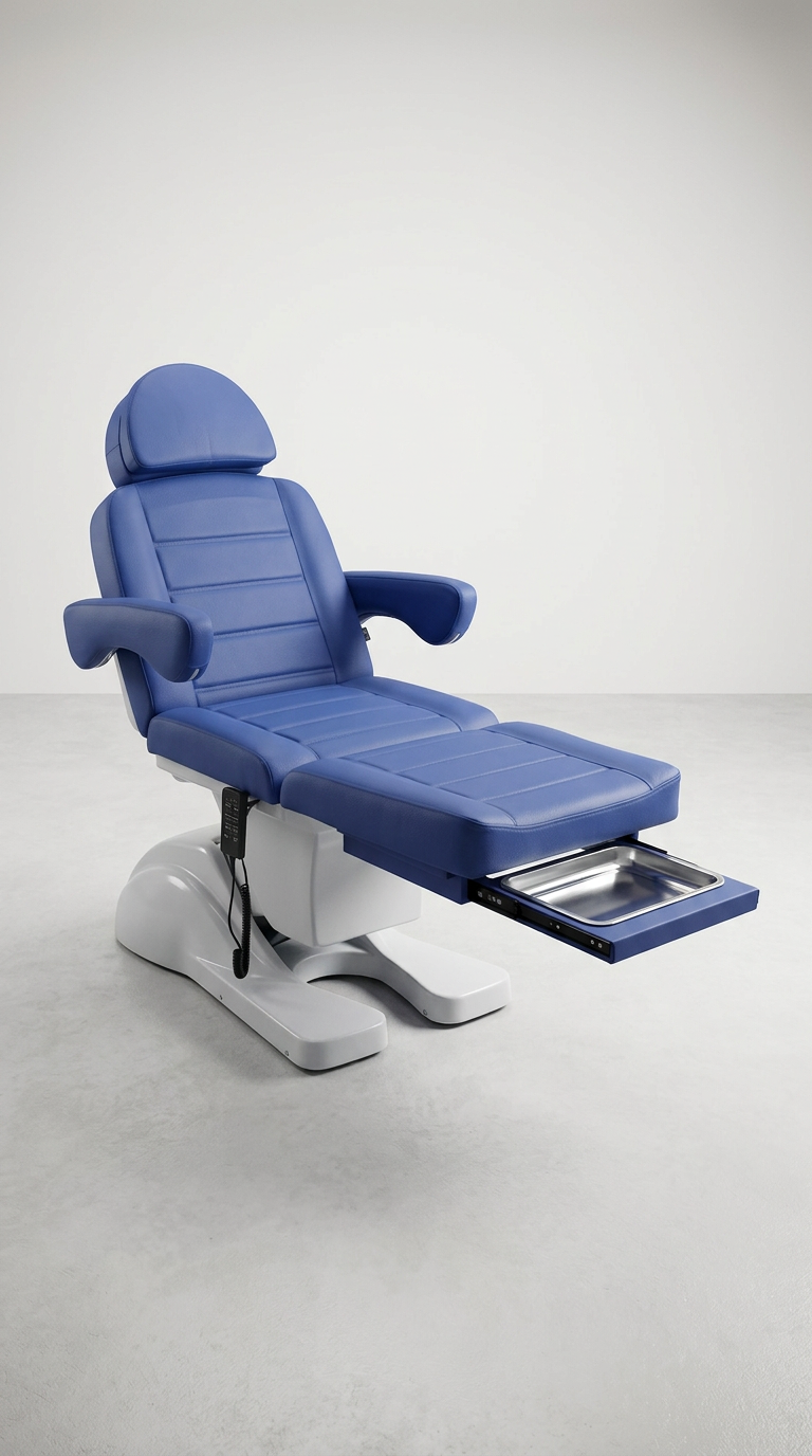 Electric podiatry chair in blue vinyl with adjustable backrest, leg support, and integrated foot tray, ideal for medical clinics