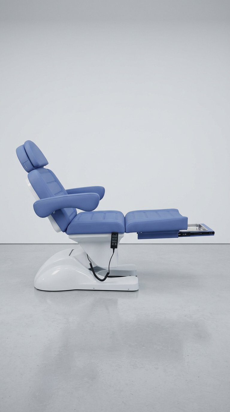 Medical-grade electric chair with blue upholstery, ergonomic support, and extendable foot tray for podiatry procedures