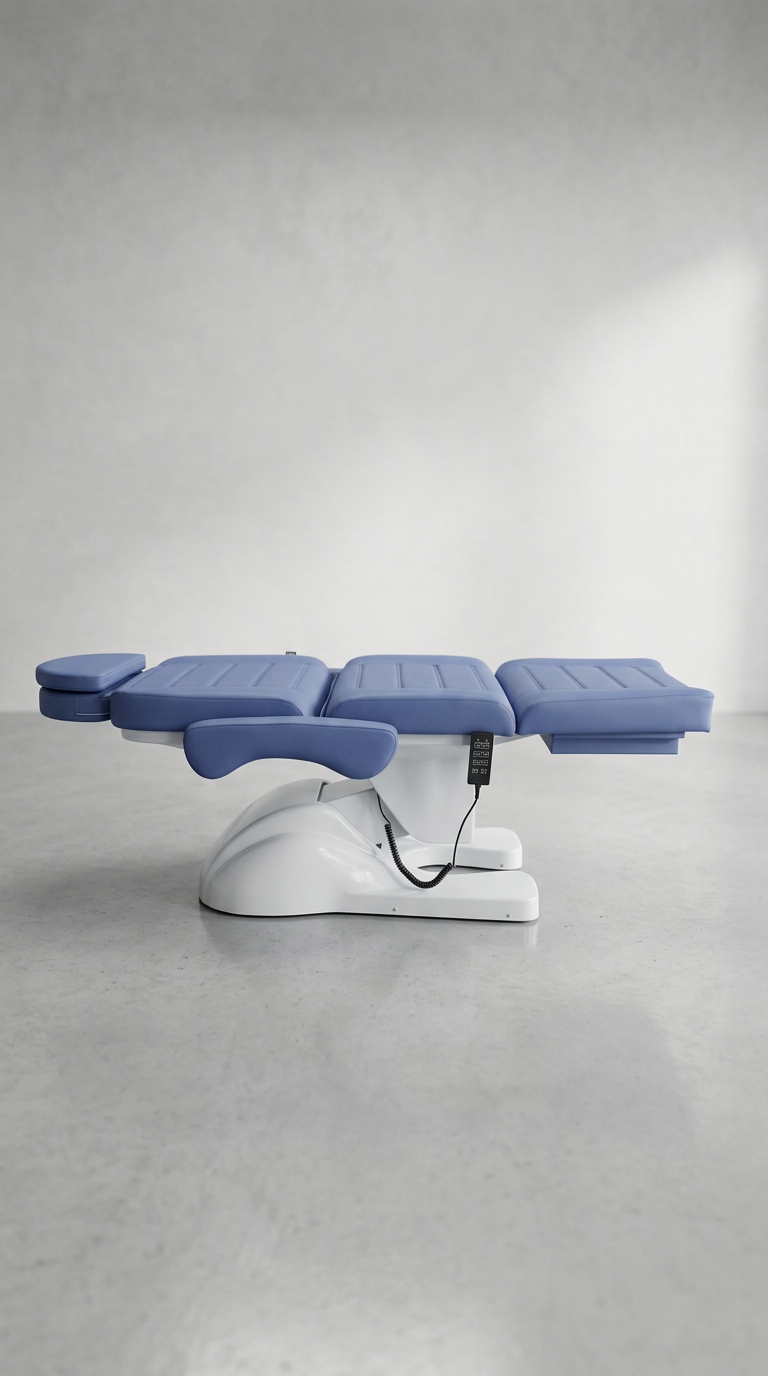 Adjustable clinic chair in blue vinyl with reclining backrest, leg extension, and integrated stainless steel foot tray