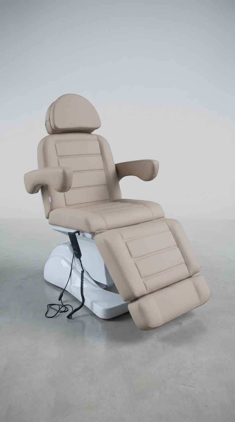 Modern beauty treatment chair featuring soft beige vinyl, segmented cushioning, and motorised recline for clinics and salons