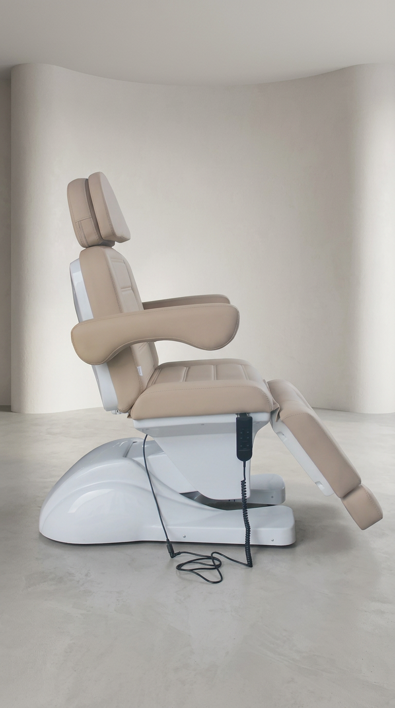 Professional electric facial bed with beige padding, ergonomic armrests, and adjustable sections for beauty and medical treatments