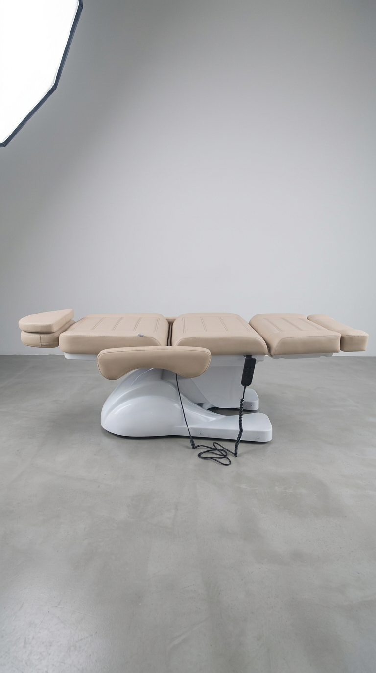 Salon treatment bed with beige upholstery, powered height and recline adjustment, ideal for facials, lashes, and cosmetic services