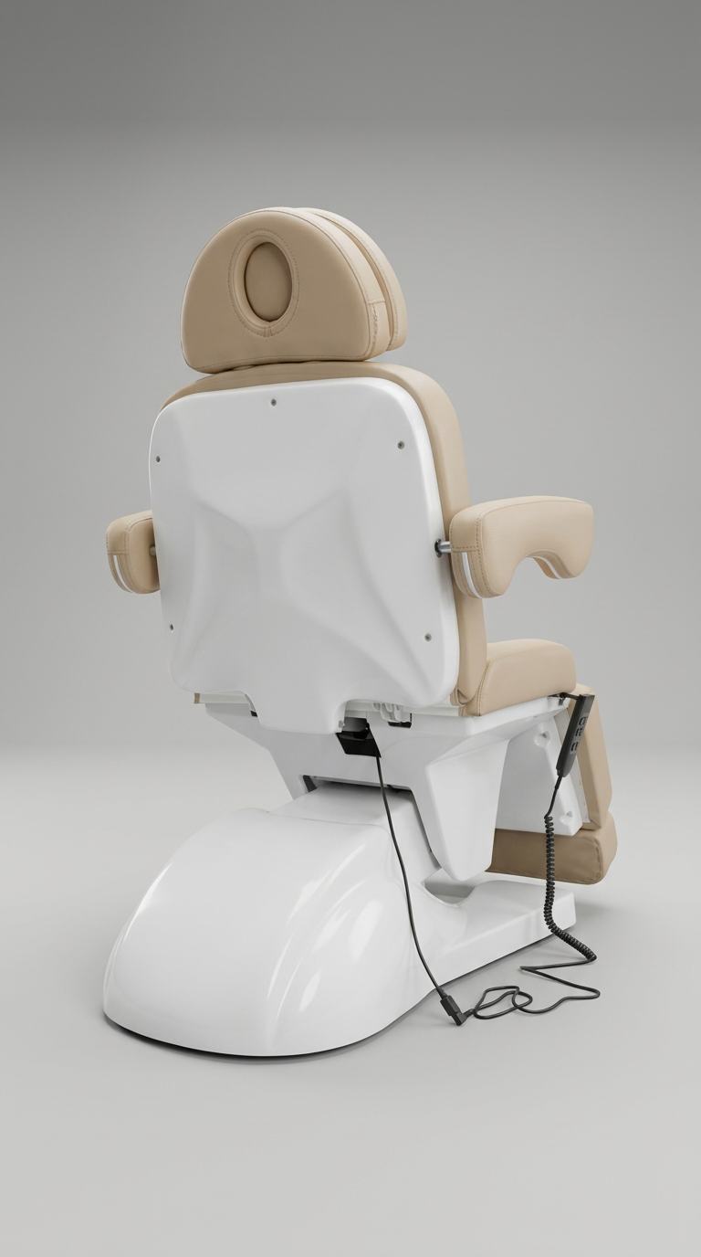 Adjustable beauty chair in neutral beige vinyl with padded headrest and footrest, electric control for comfort and precision treatments