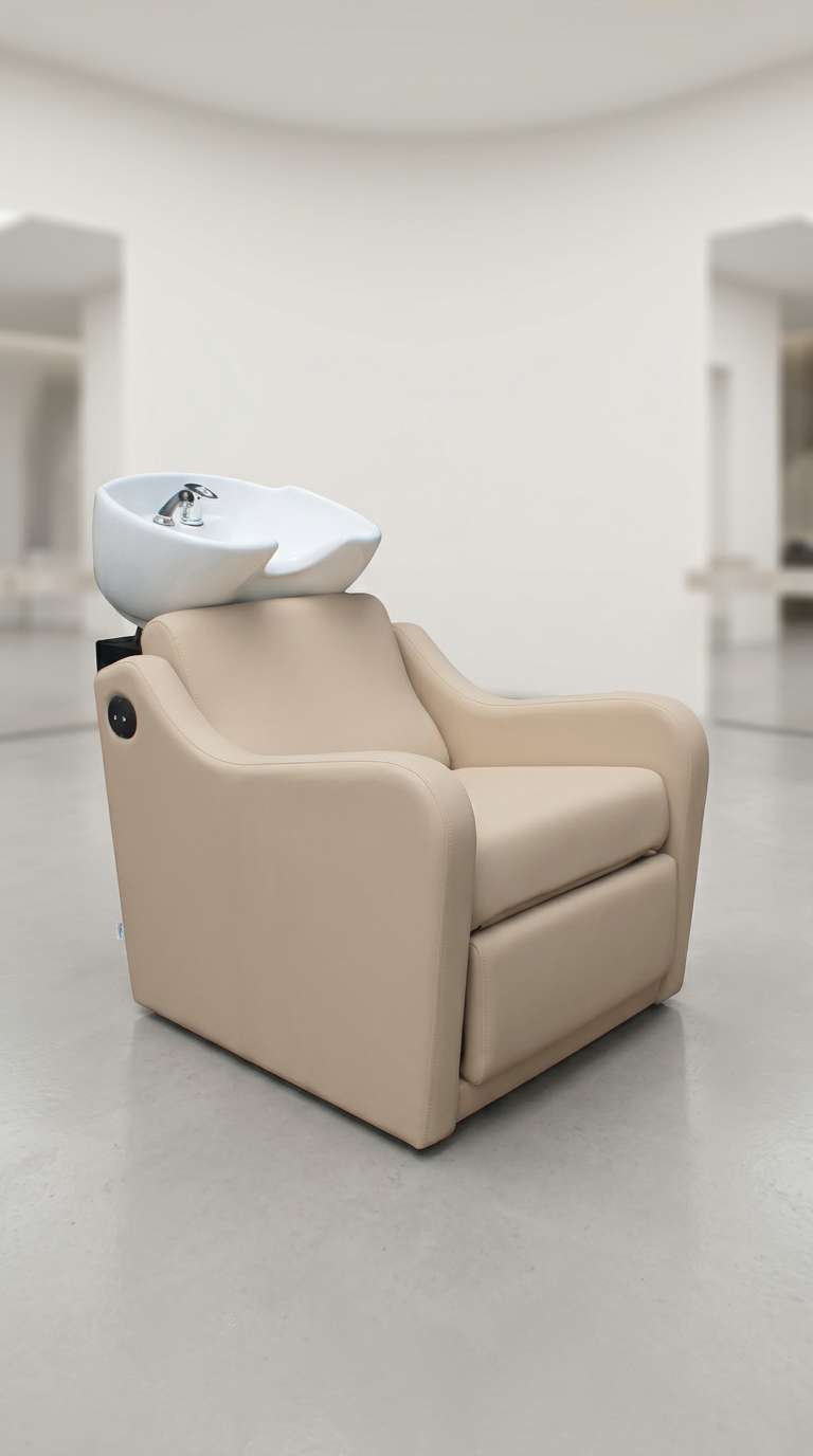 Latte vinyl salon shampoo chair with integrated ceramic basin, reclining backrest and padded armrests for professional hair wash stations