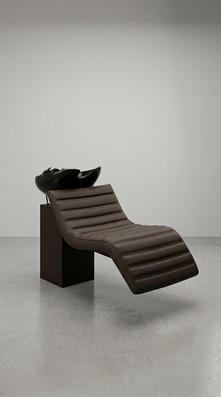 Chocolate vinyl salon shampoo chair with contoured reclining seat and integrated ceramic wash basin