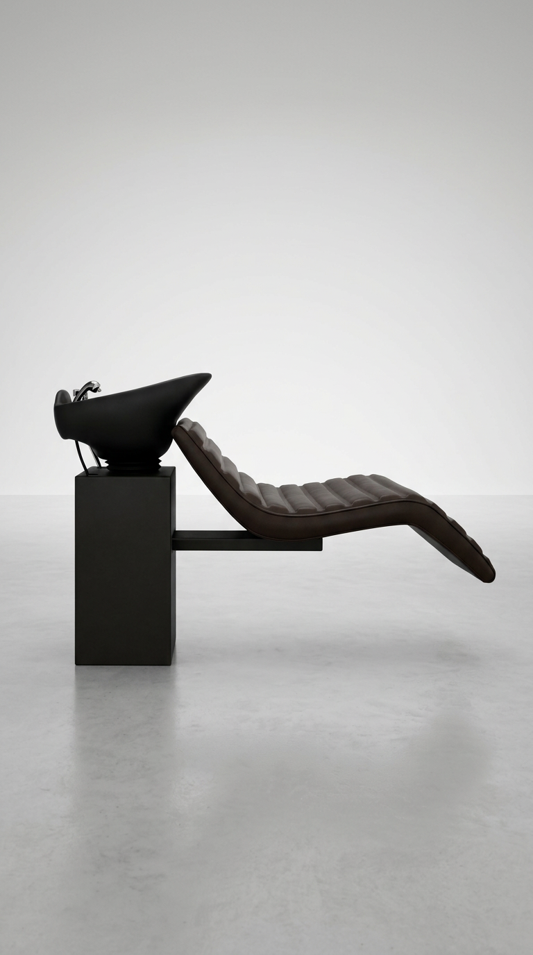 Professional backwash unit with chocolate vinyl upholstery, ribbed cushioning, and ergonomic recliner