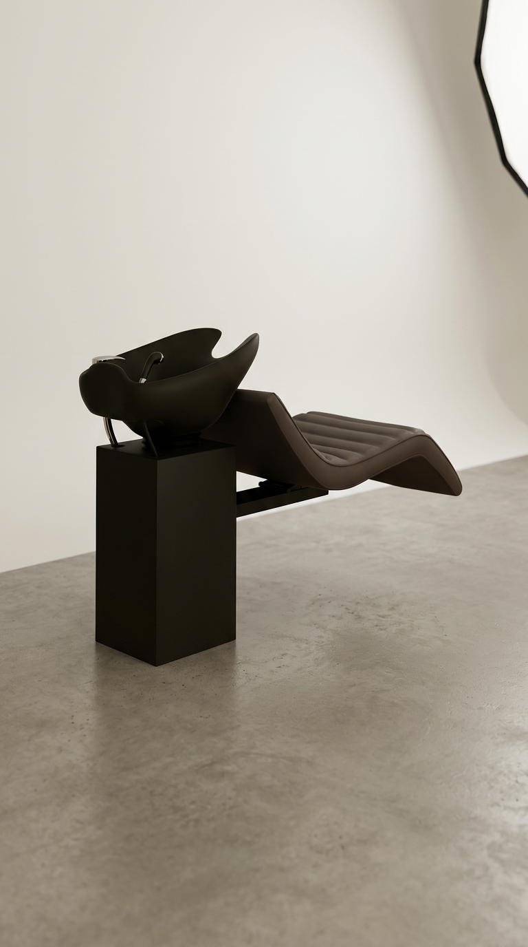 Salon shampoo chair in chocolate vinyl with padded recliner, curved backrest, and built-in basin