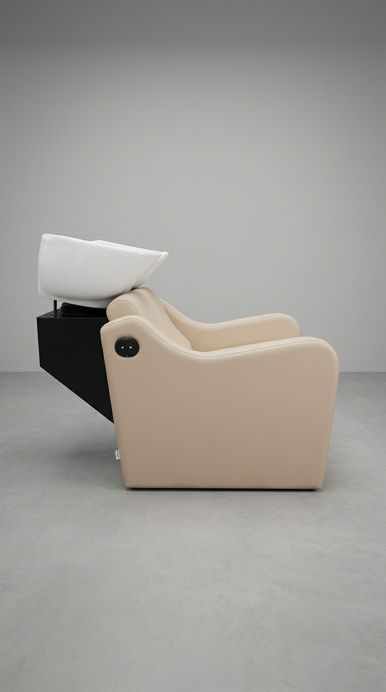 Modern salon backwash unit in latte upholstery featuring ergonomic recliner seat and white ceramic wash basin for hair salons