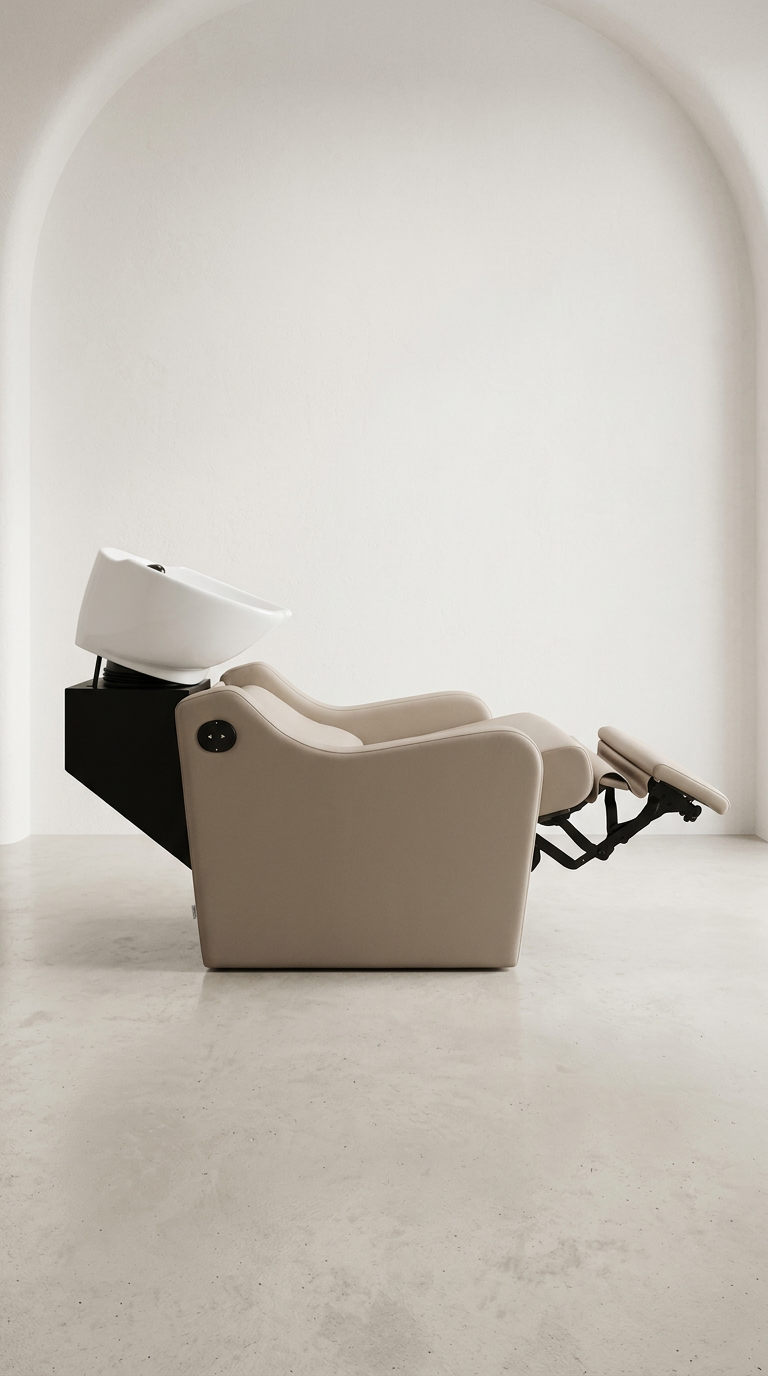 Commercial shampoo basin chair with soft latte vinyl, deep seat cushioning and tilting ceramic basin for client comfort