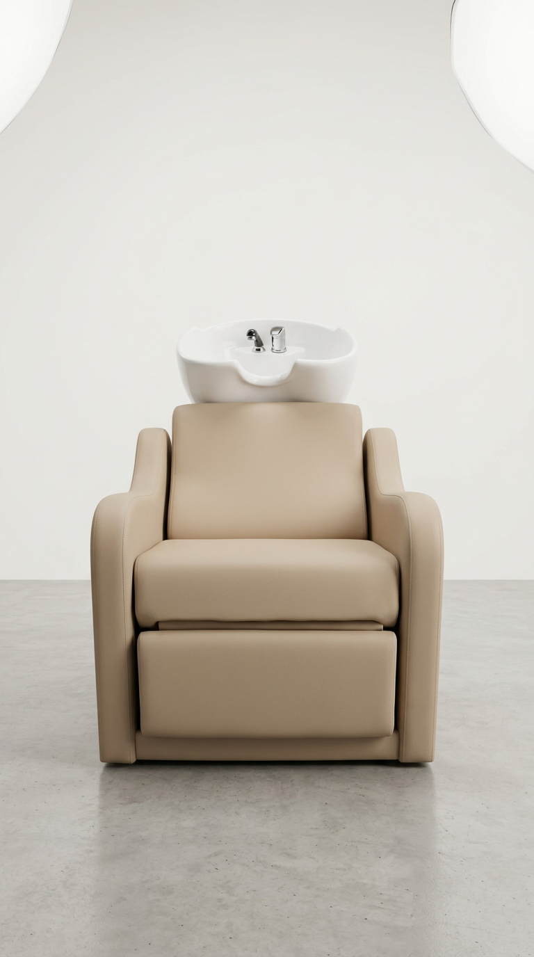 Hair salon wash chair with premium latte upholstery, built-in basin and compact square base for efficient salon fit-outs