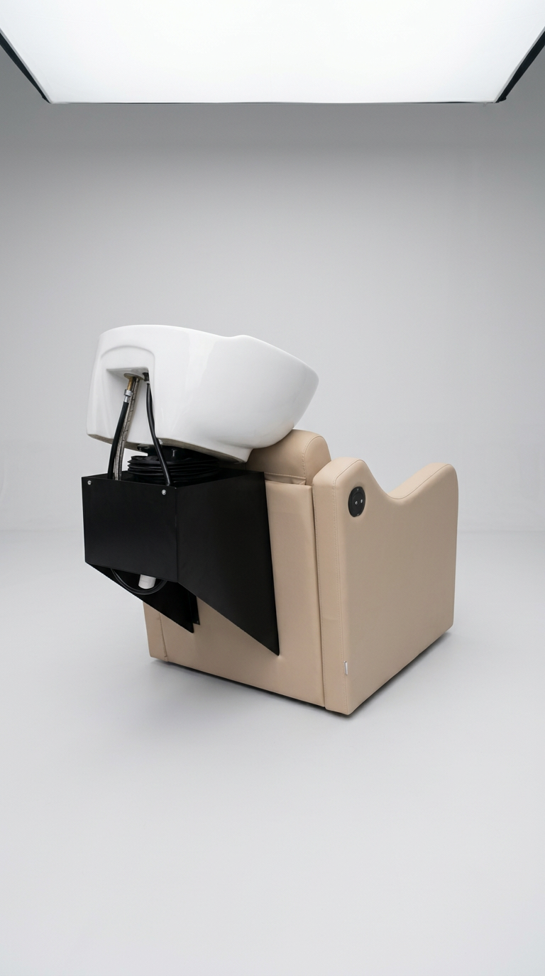 Professional backwash shampoo chair in neutral latte tone with supportive armrests, recliner mechanism and gloss white basin