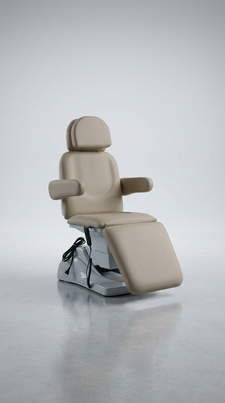 Professional cosmetic treatment chair in beige vinyl with motorised recline, suitable for injectables, skin treatments, and laser clinics