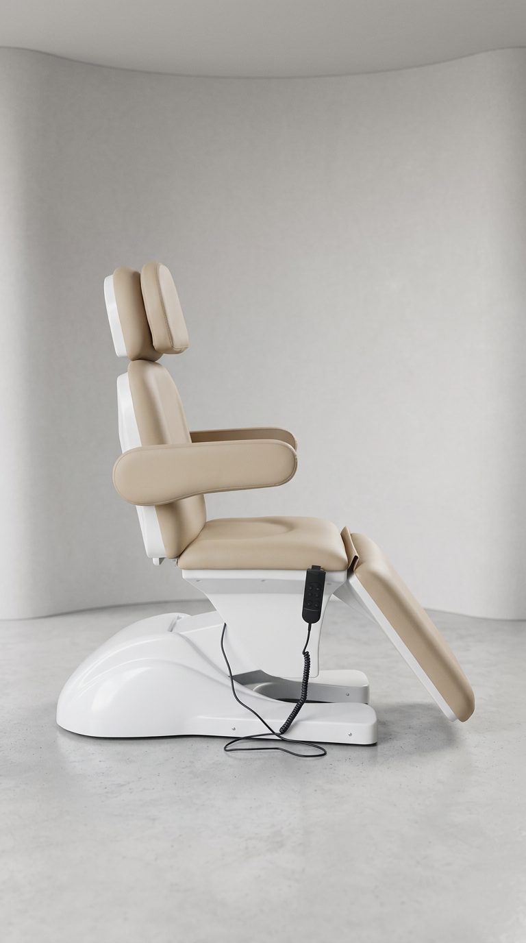 Commercial clinic treatment bed in beige vinyl with reclining function and padded support for cosmetic, IPL, and laser treatments