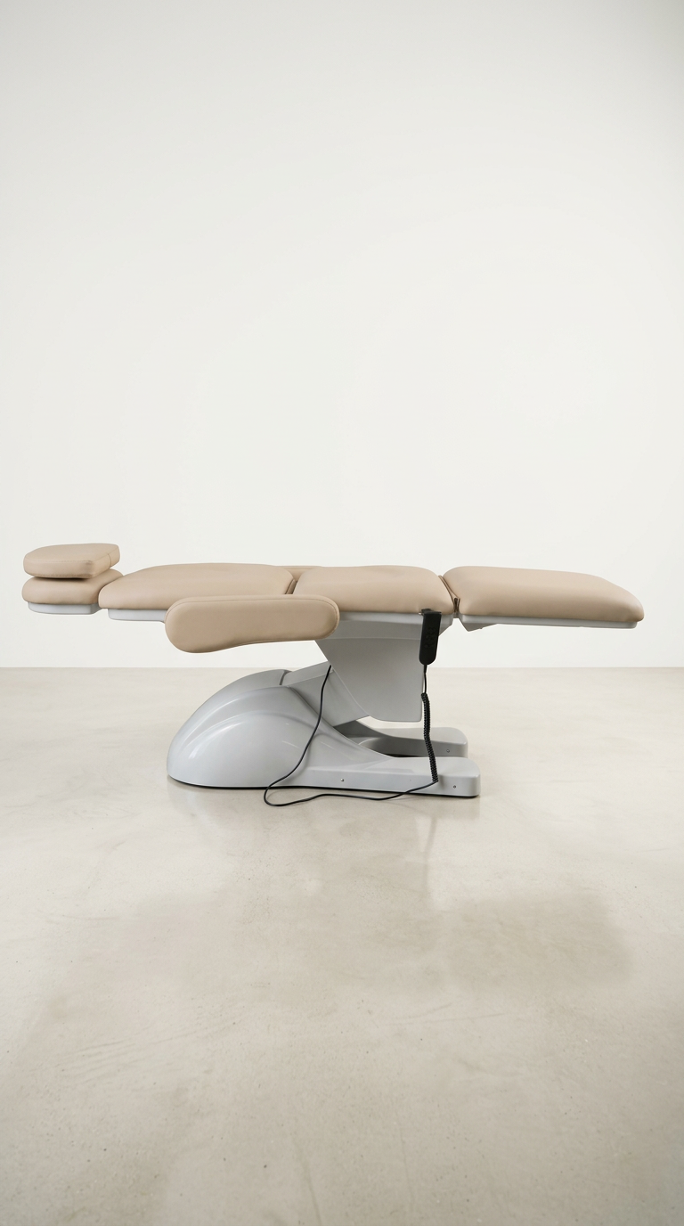 Electric beauty bed in neutral beige finish with adjustable positioning, perfect for injectables, aesthetic treatments, and skincare services