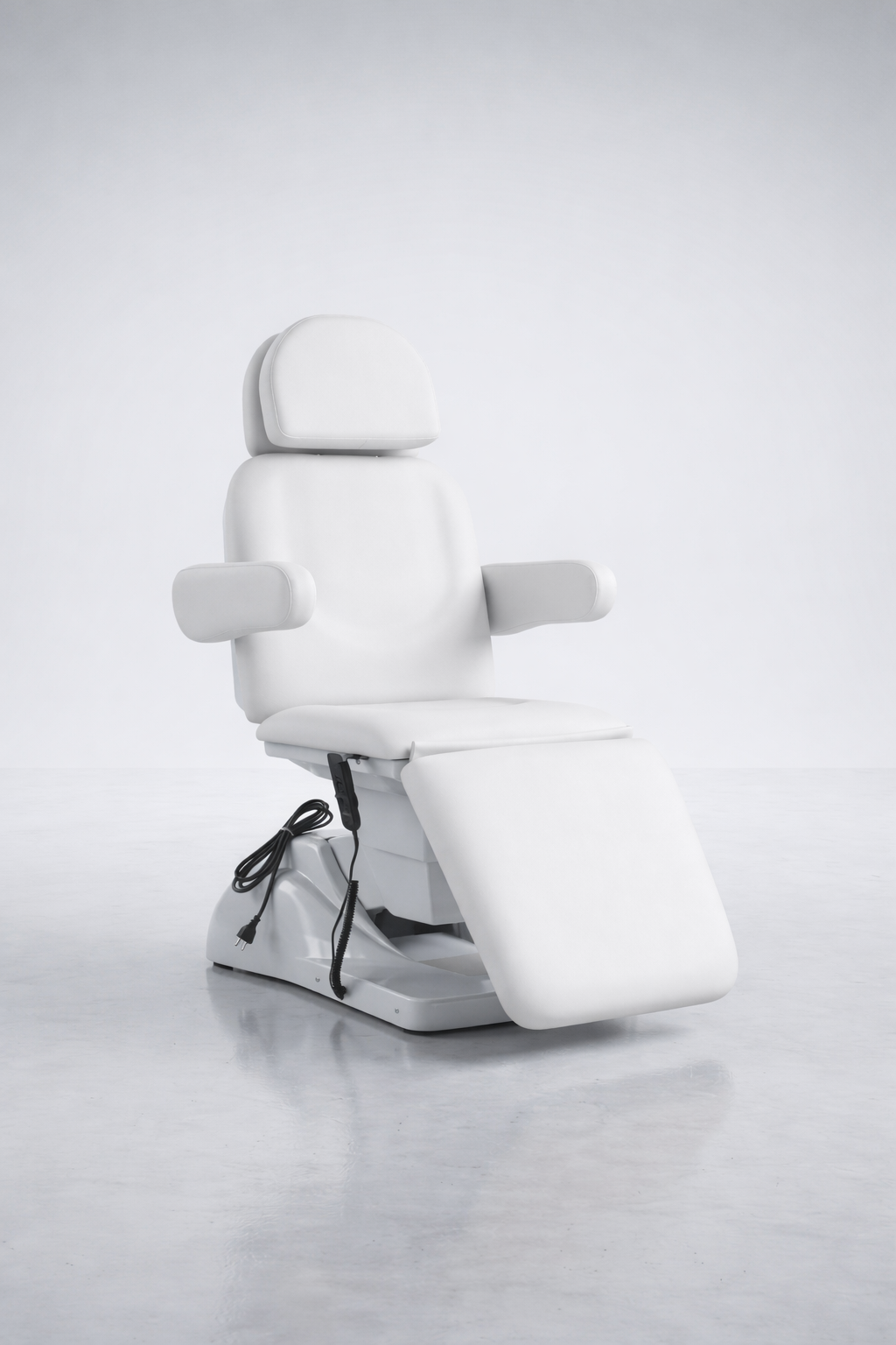 Contemporary white beauty clinic chair with multi-position adjustment and padded support for client comfort during procedures