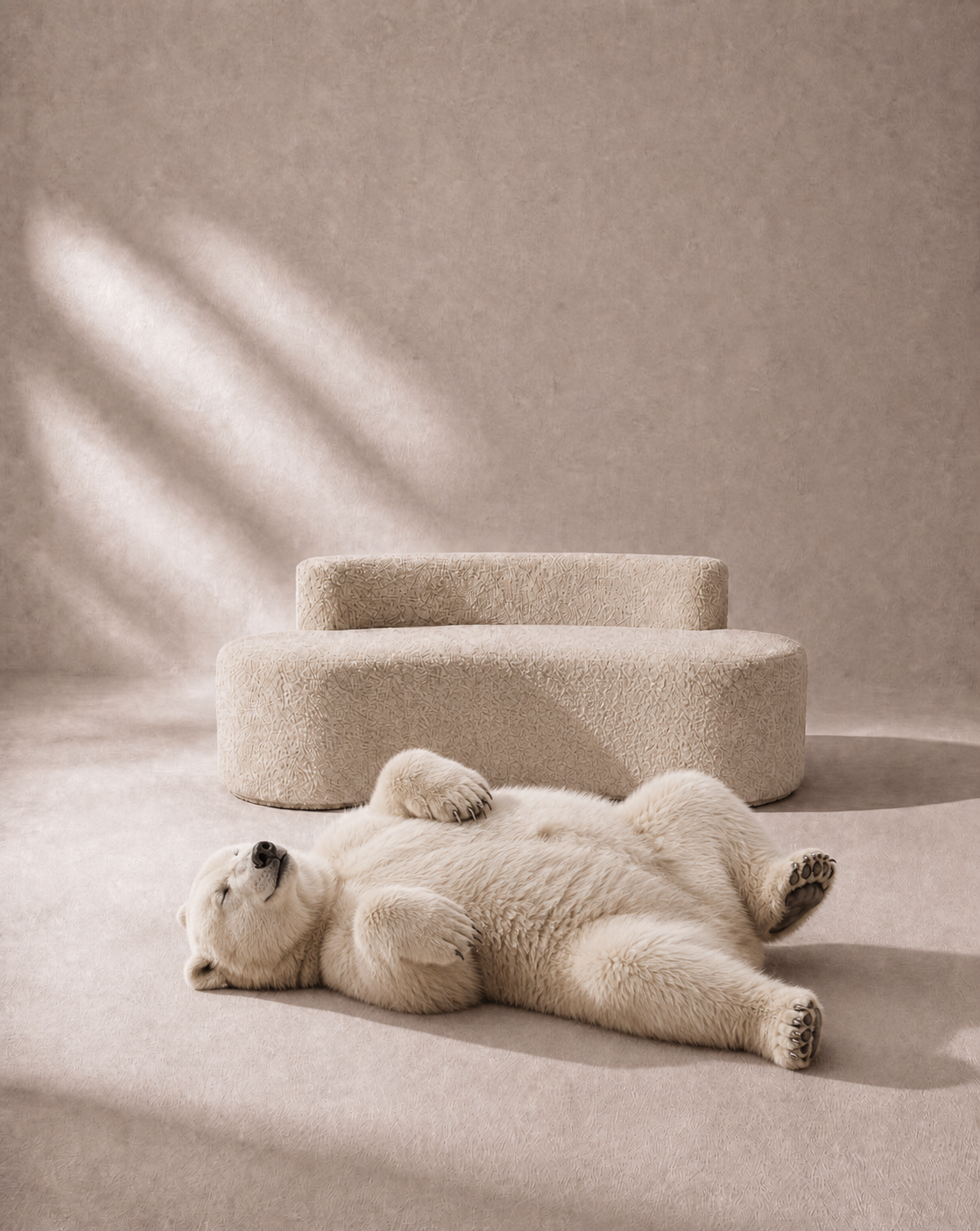 A polar bear lies on its back on a beige carpeted floor in front of a matching beige upholstered bench or chair, with soft window shadows cast across the scene.
